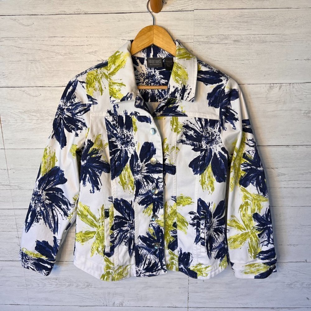 Addition by Chicos Jacket Womens Size 1 Blue and Green Floral White Denim - Picture 4 of 15